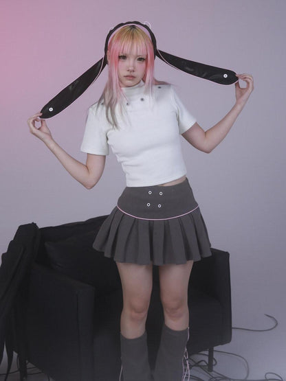 Evil Tooth Gray Pleated High Waist A Line Short Women&