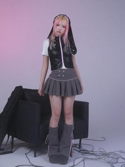 Evil Tooth Gray Pleated High Waist A Line Short Women&