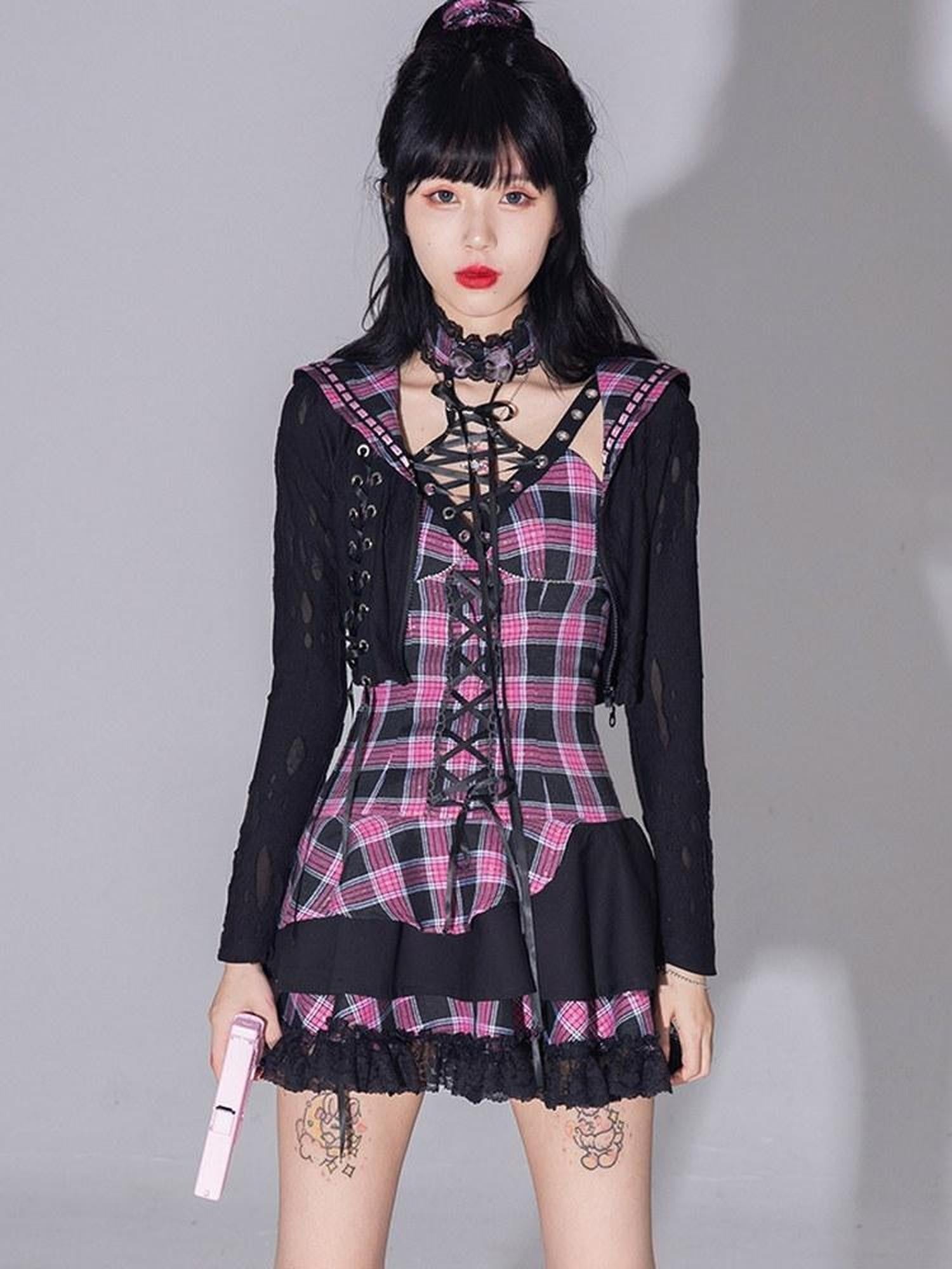 Evil Tooth Heart Stripe Ripped Sailor Collar Cropped Punk Women&