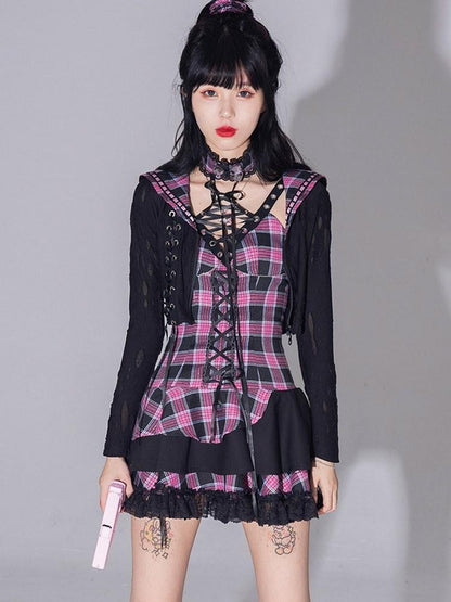 Evil Tooth Heart Stripe Ripped Sailor Collar Cropped Punk Women&