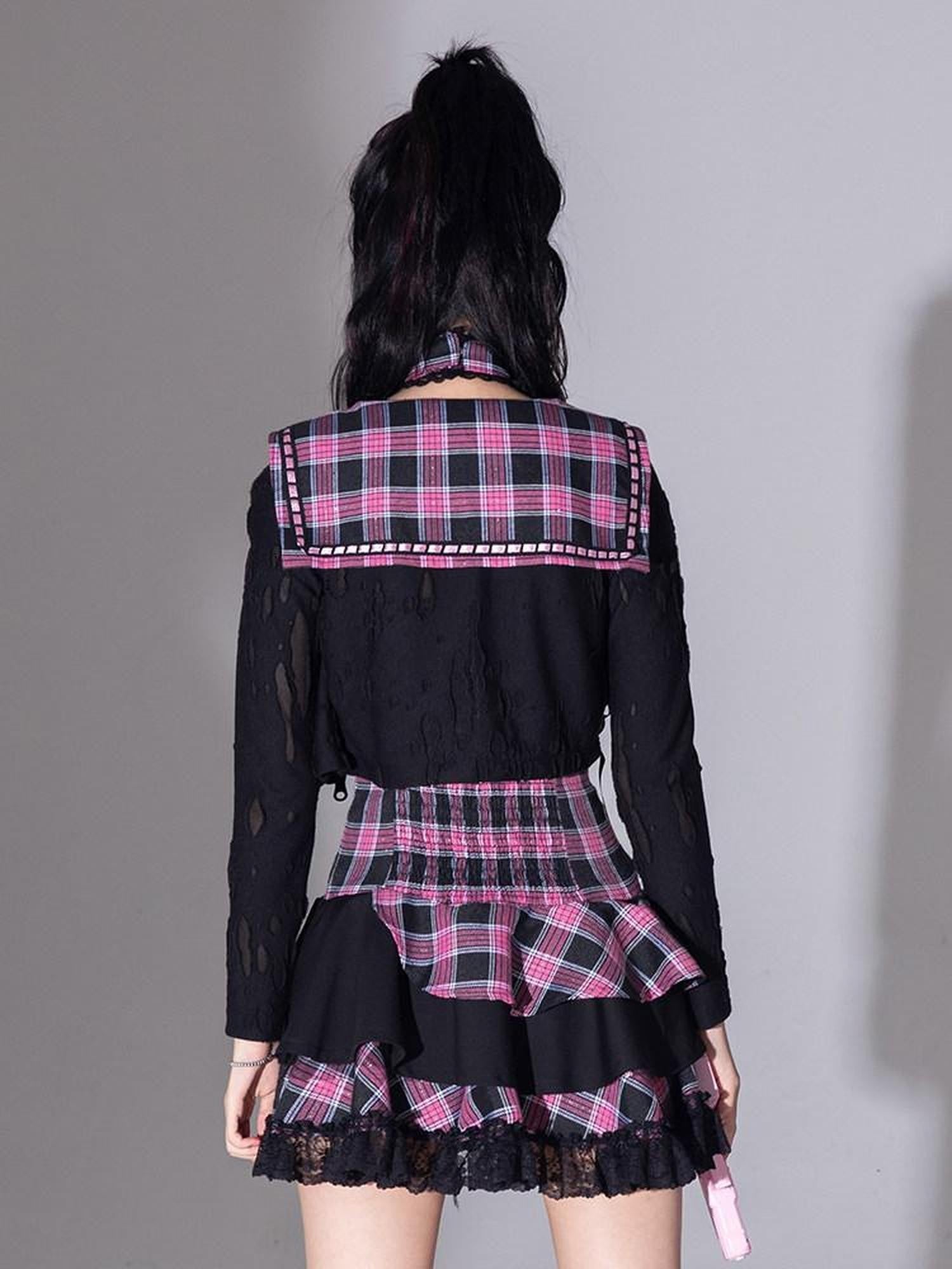 Evil Tooth Heart Stripe Ripped Sailor Collar Cropped Punk Women&