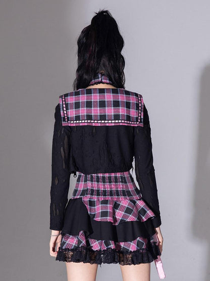 Evil Tooth Heart Stripe Ripped Sailor Collar Cropped Punk Women&