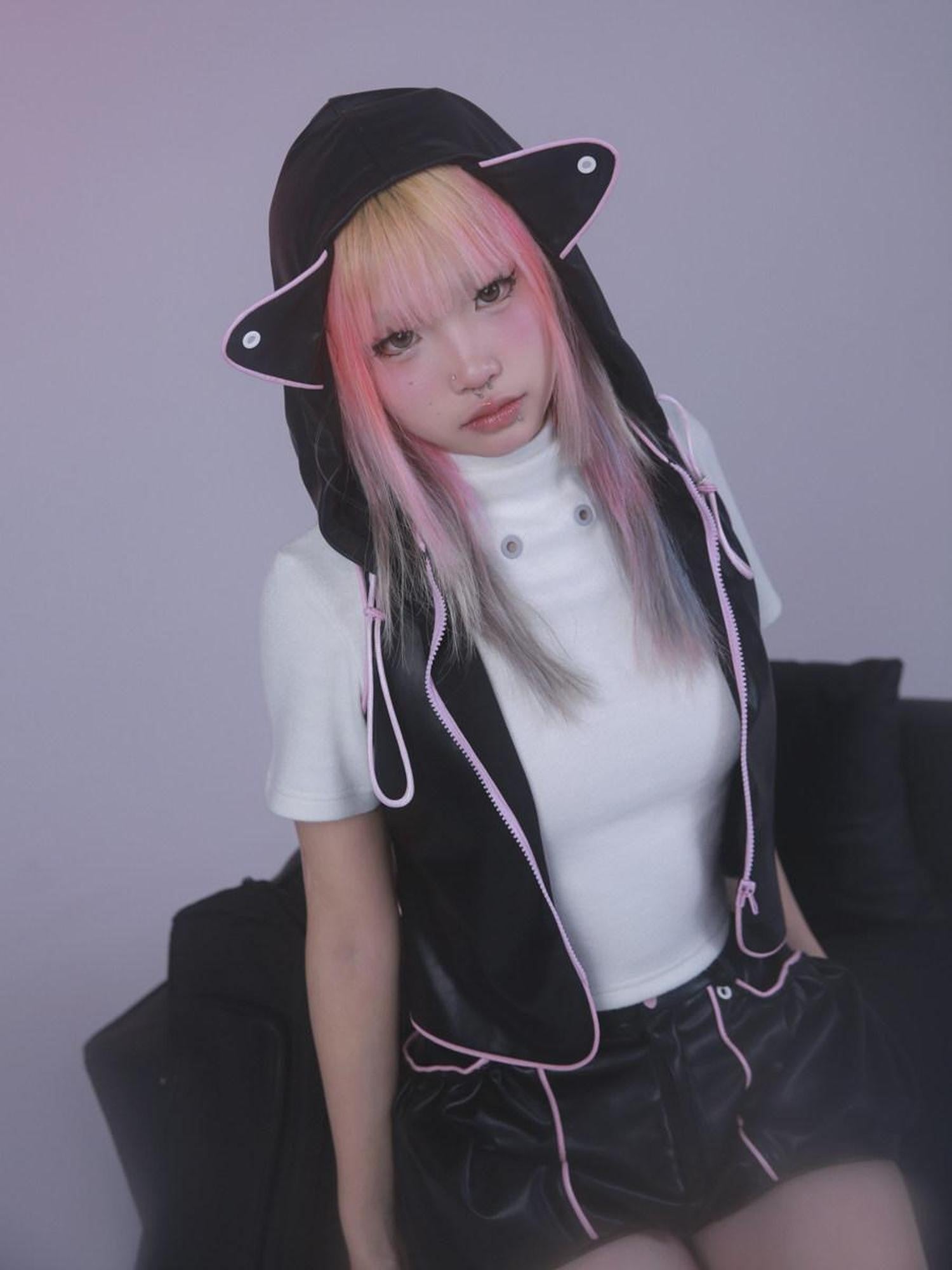 Evil Tooth High Neck Mechanical Punk Tooth Short Sleeve Straight Fit Women&