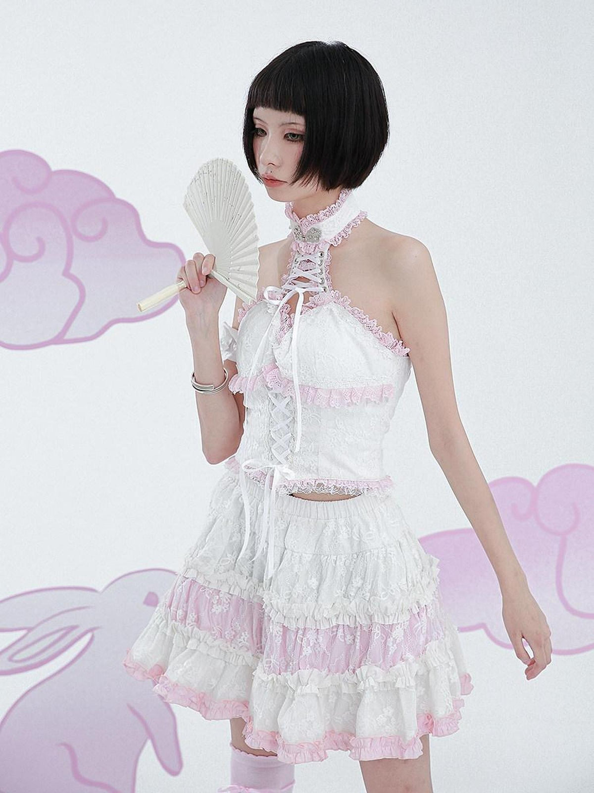 Evil Tooth Lace Trim Frog Button Pure Color Polyester Women&