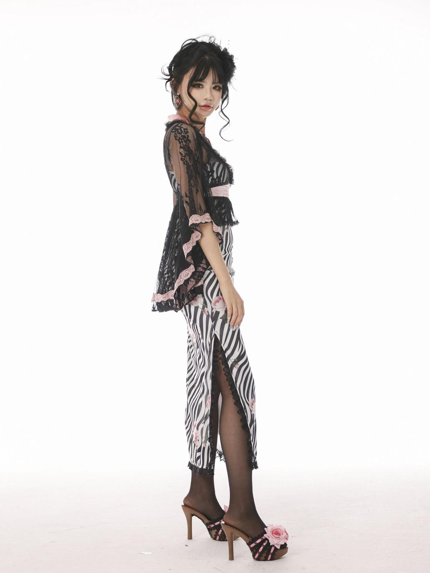 Evil Tooth Lace V-neck Tail Hem Butterfly Bow Cinched Waist Women&