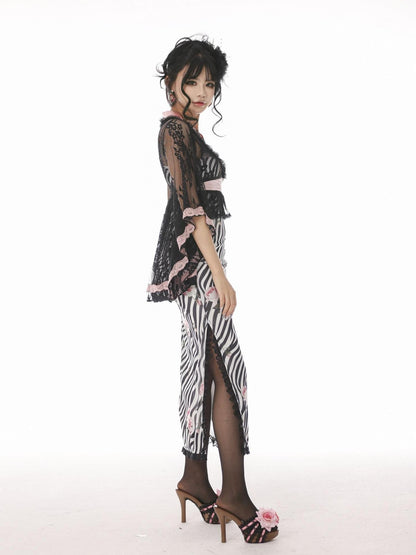 Evil Tooth Lace V-neck Tail Hem Butterfly Bow Cinched Waist Women&
