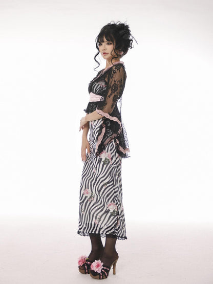 Evil Tooth Lace V-neck Tail Hem Butterfly Bow Cinched Waist Women&