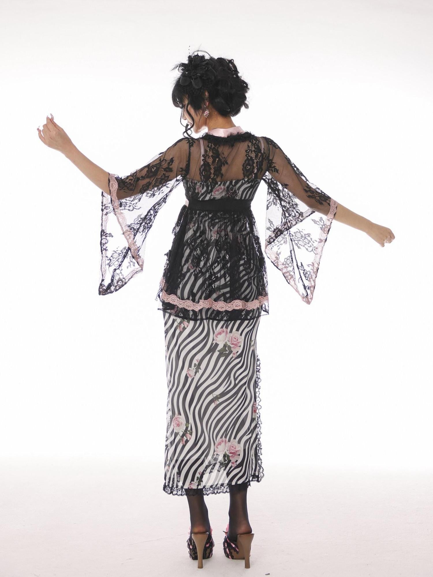 Evil Tooth Lace V-neck Tail Hem Butterfly Bow Cinched Waist Women&