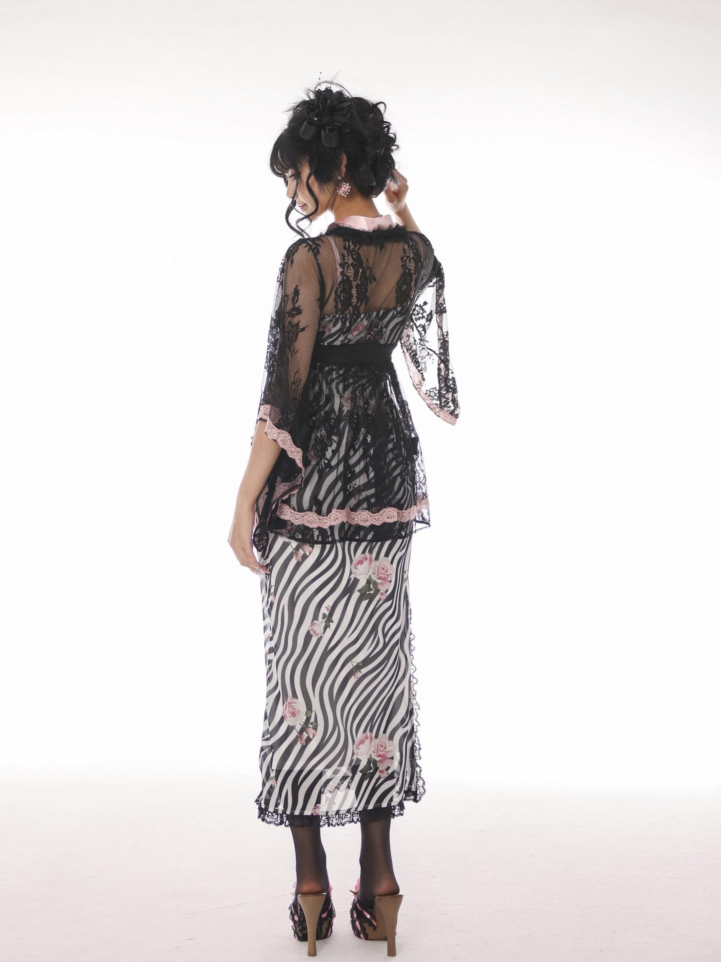 Evil Tooth Lace V-neck Tail Hem Butterfly Bow Cinched Waist Women&