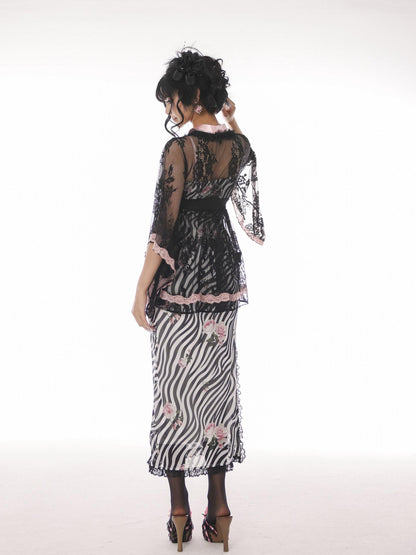 Evil Tooth Lace V-neck Tail Hem Butterfly Bow Cinched Waist Women&