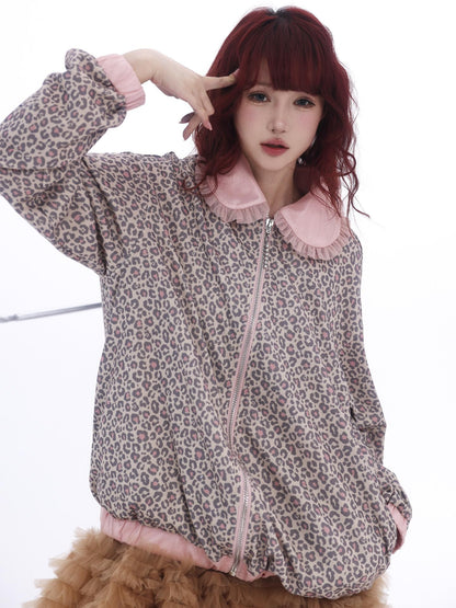 Evil Tooth Leopard Patchwork Doll Collar Zip Front Women&