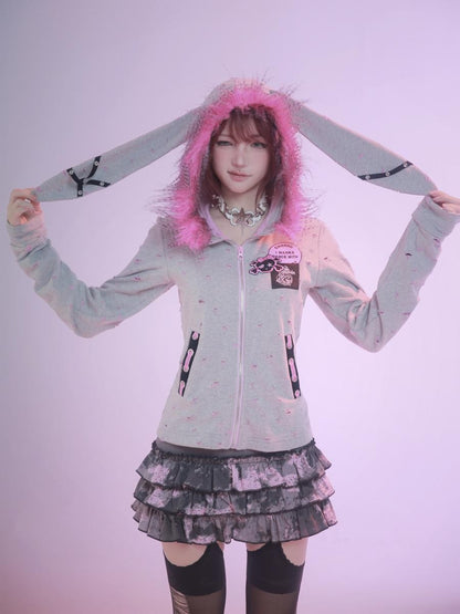 Evil Tooth Long Ear Hood Punk Bunny Tooth Graphic Women&