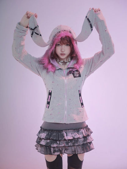 Evil Tooth Long Ear Hood Punk Bunny Tooth Graphic Women&