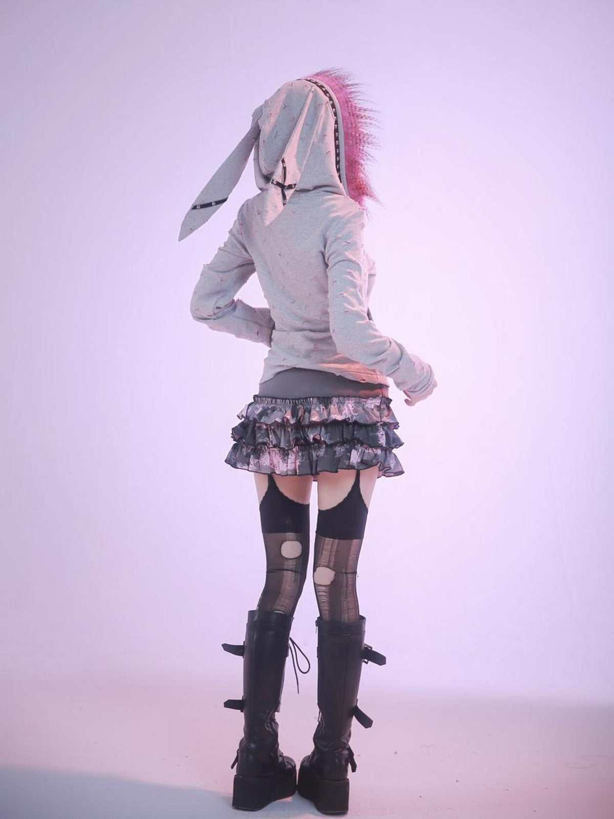Evil Tooth Long Ear Hood Punk Bunny Tooth Graphic Women&