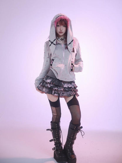 Evil Tooth Long Ear Hood Punk Bunny Tooth Graphic Women&
