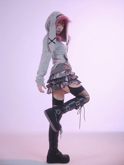 Evil Tooth Long Ear Hood Punk Bunny Tooth Graphic Women&