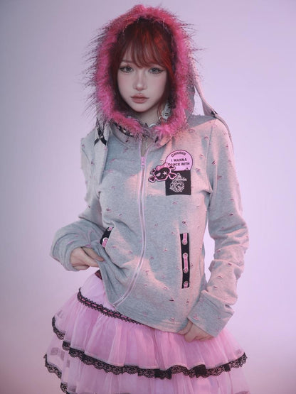 Evil Tooth Long Ear Hood Punk Bunny Tooth Graphic Women&