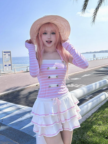 Evil Tooth Nautical Striped Tiered Faux Two Piece Women&