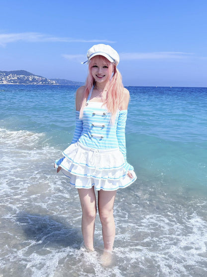 Evil Tooth Nautical Striped Tiered Faux Two Piece Women&