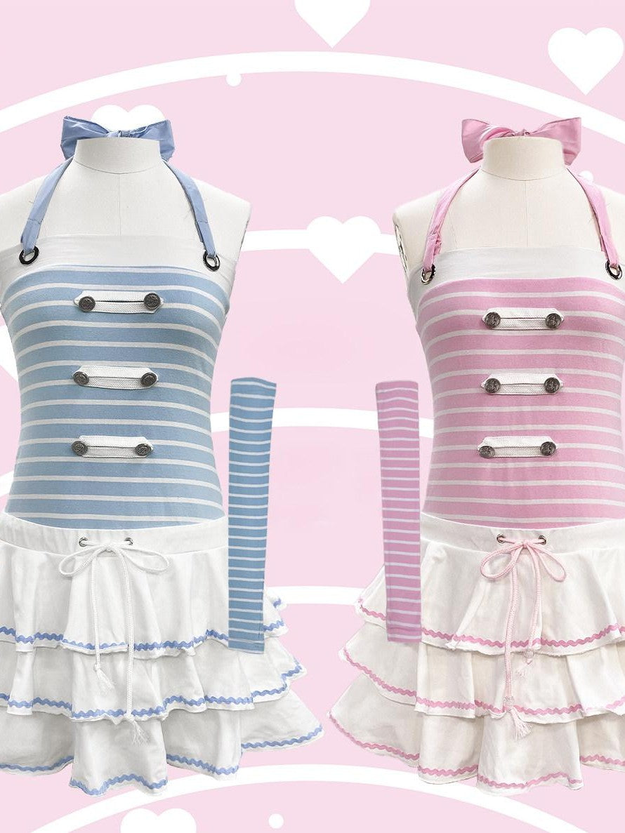 Evil Tooth Nautical Striped Tiered Faux Two Piece Women&