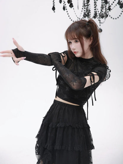 Evil Tooth Ninja Lace Cutout Spliced Sleeve Slim Fit Women&