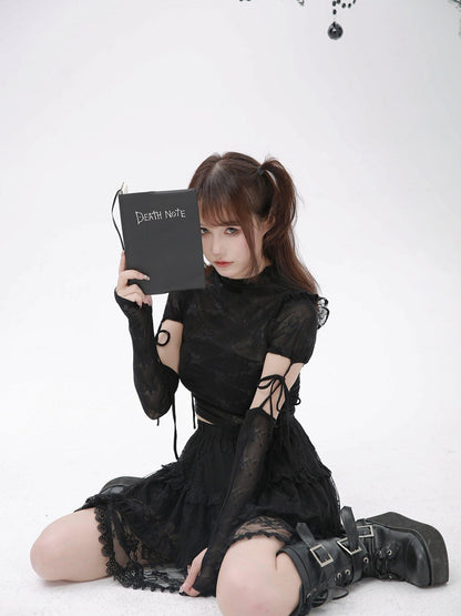 Evil Tooth Ninja Lace Cutout Spliced Sleeve Slim Fit Women&