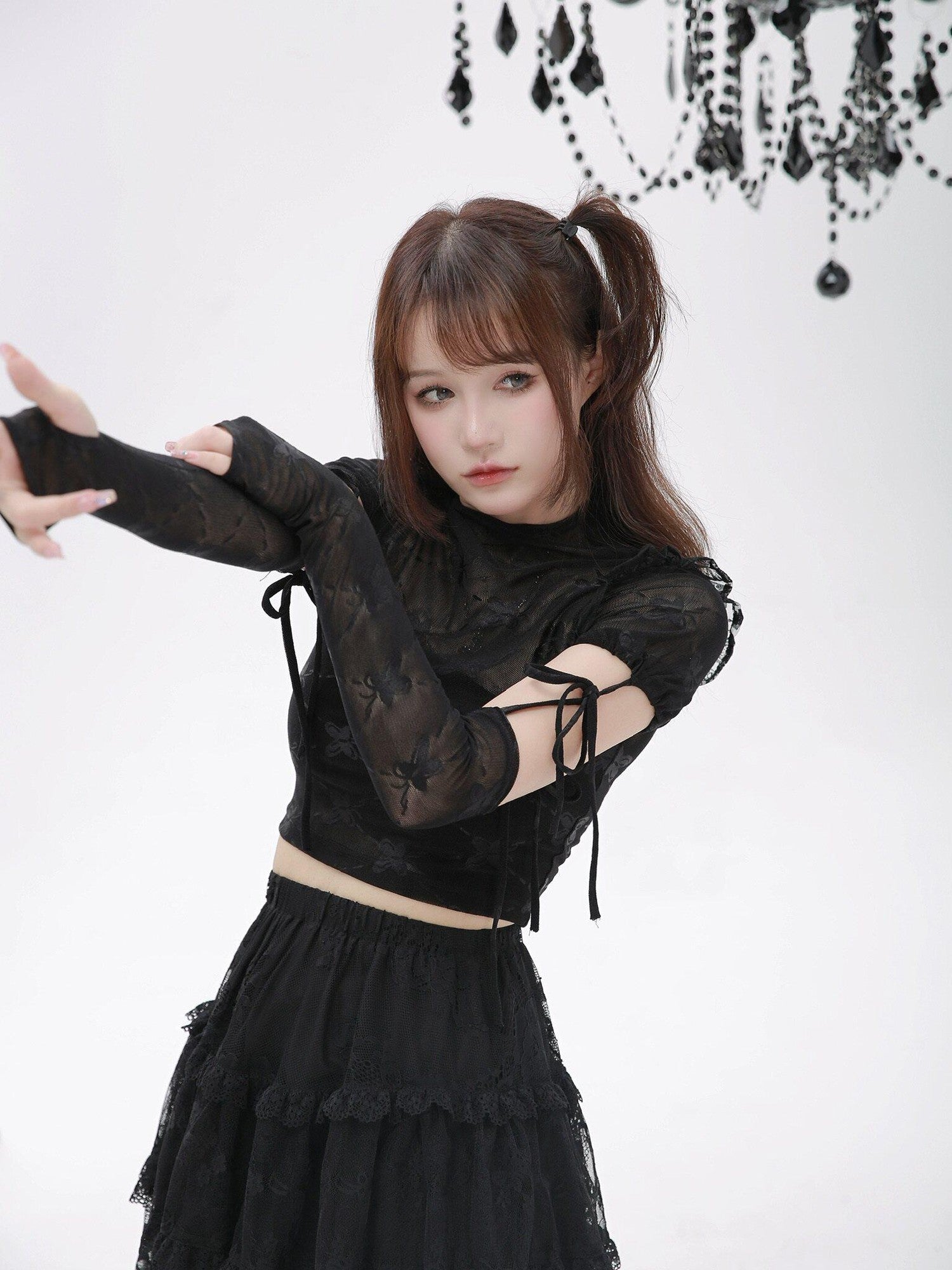 Evil Tooth Ninja Lace Cutout Spliced Sleeve Slim Fit Women&