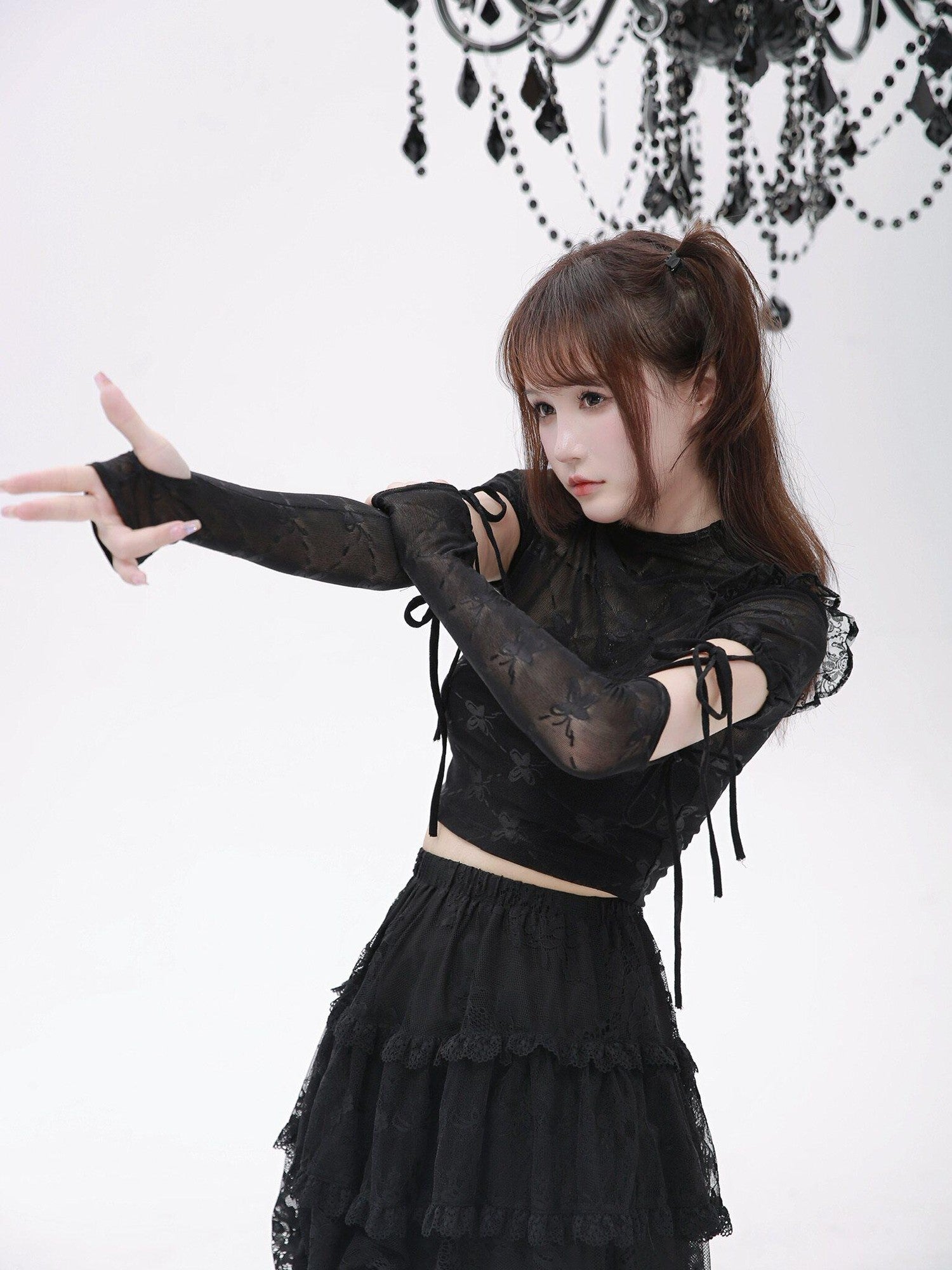 Evil Tooth Ninja Lace Cutout Spliced Sleeve Slim Fit Women&