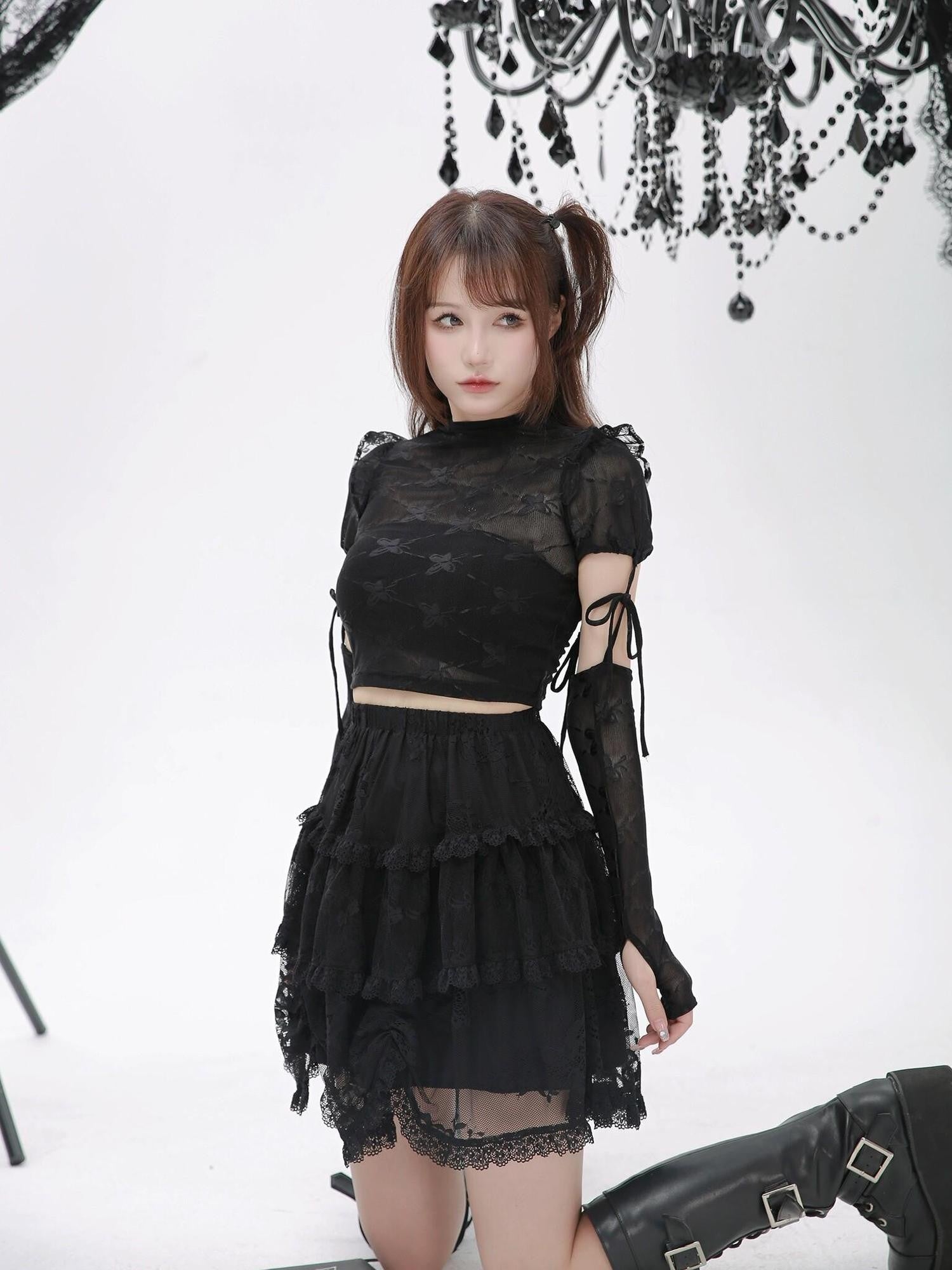 Evil Tooth Ninja Lace Cutout Spliced Sleeve Slim Fit Women&