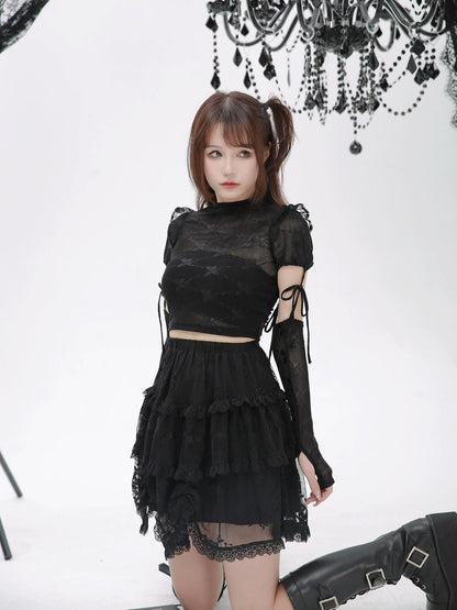 Evil Tooth Ninja Lace Cutout Spliced Sleeve Slim Fit Women&