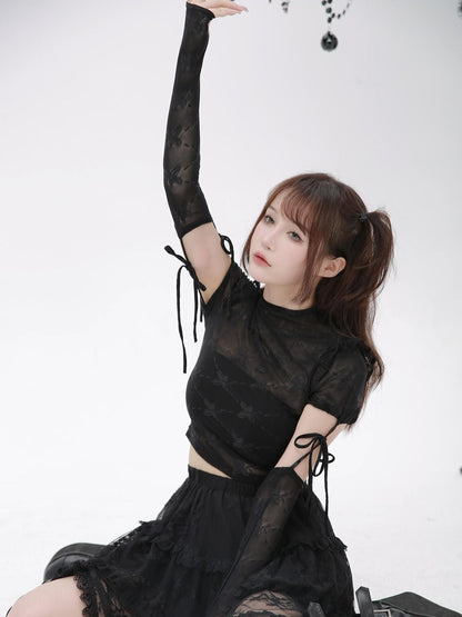 Evil Tooth Ninja Lace Cutout Spliced Sleeve Slim Fit Women&