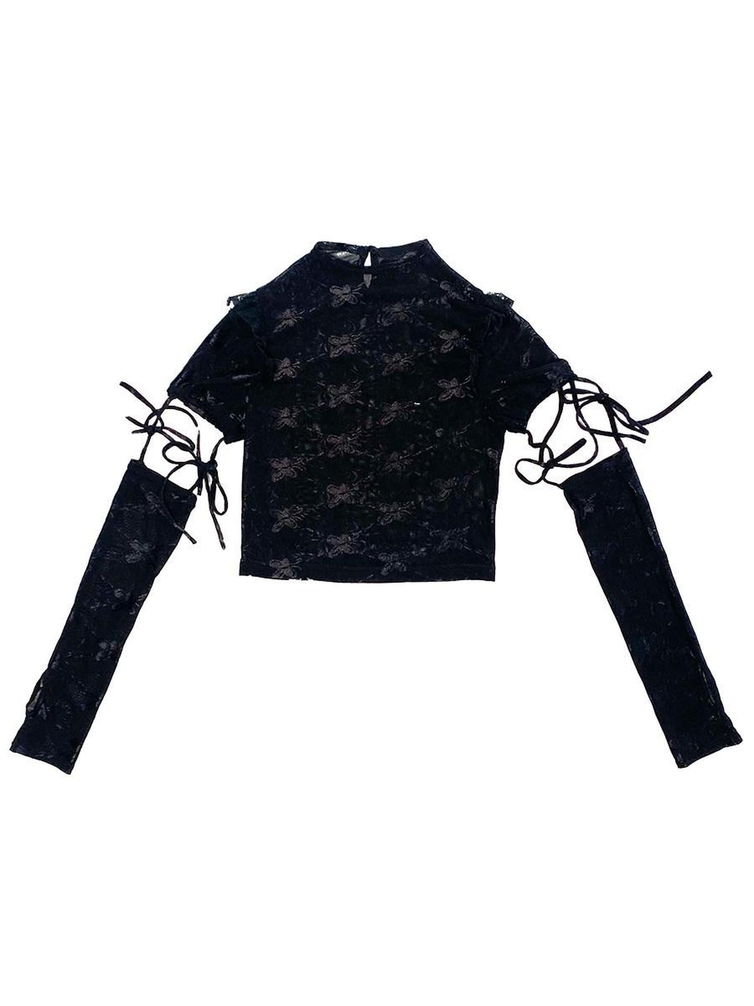 Evil Tooth Ninja Lace Cutout Spliced Sleeve Slim Fit Women&