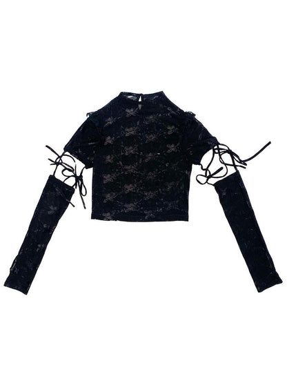 Evil Tooth Ninja Lace Cutout Spliced Sleeve Slim Fit Women&