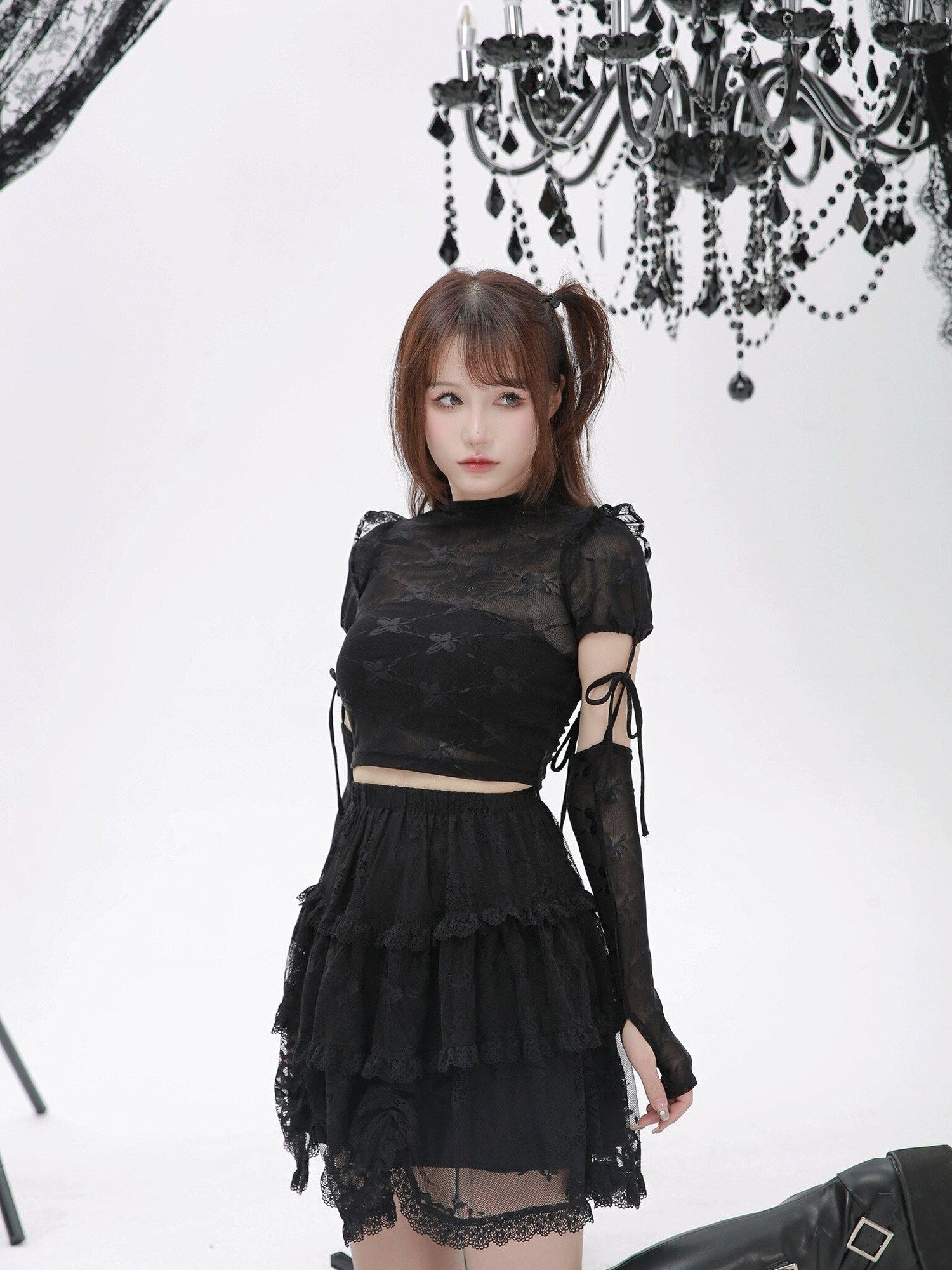 Evil Tooth Ninja Lace Cutout Spliced Sleeve Slim Fit Women&