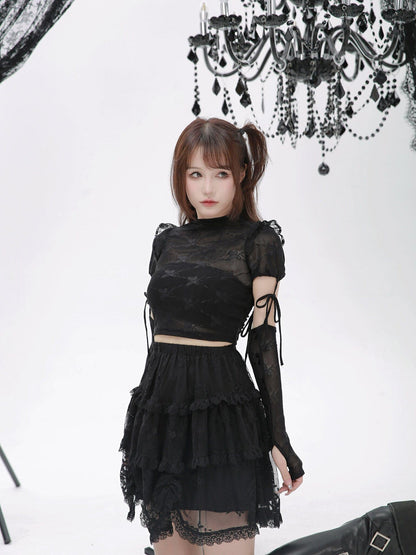 Evil Tooth Ninja Lace Cutout Spliced Sleeve Slim Fit Women&