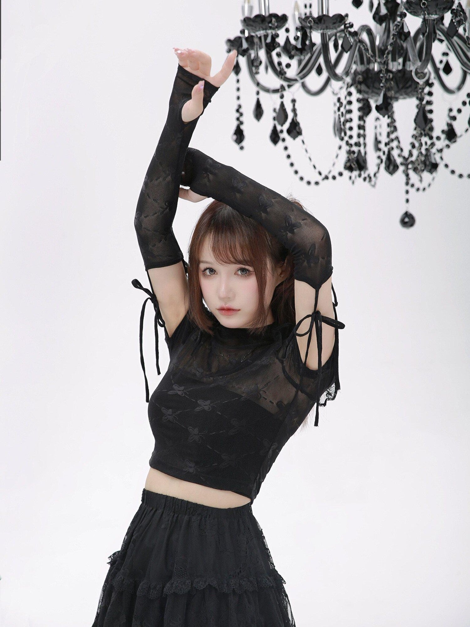 Evil Tooth Ninja Lace Cutout Spliced Sleeve Slim Fit Women&