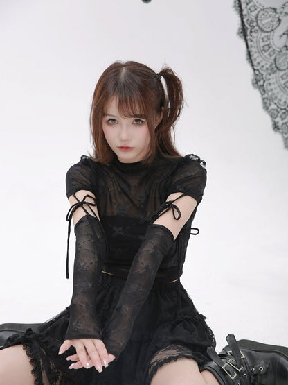 Evil Tooth Ninja Lace Cutout Spliced Sleeve Slim Fit Women&