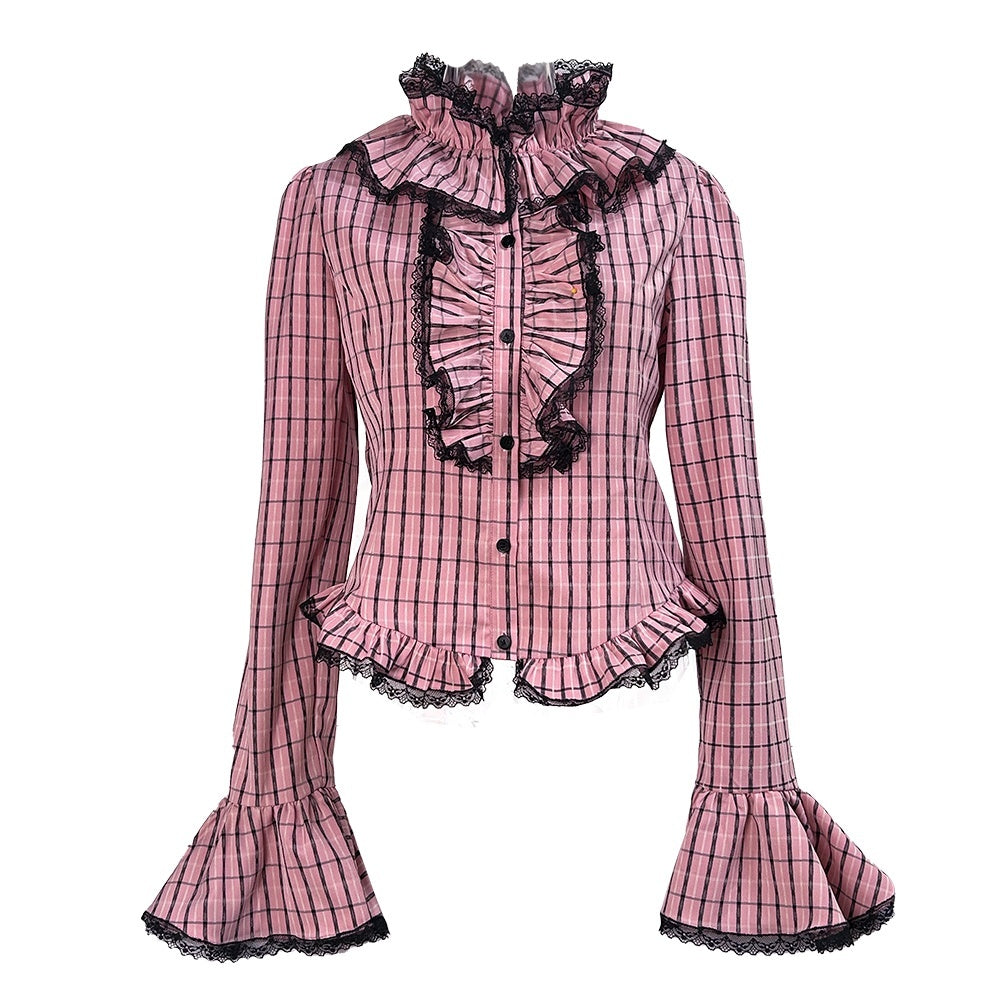 Evil_Tooth_Pink_Black_Plaid_Ruffle_Collar_Embroidered_Bow_Slim_Bell_Sleeve_Women&