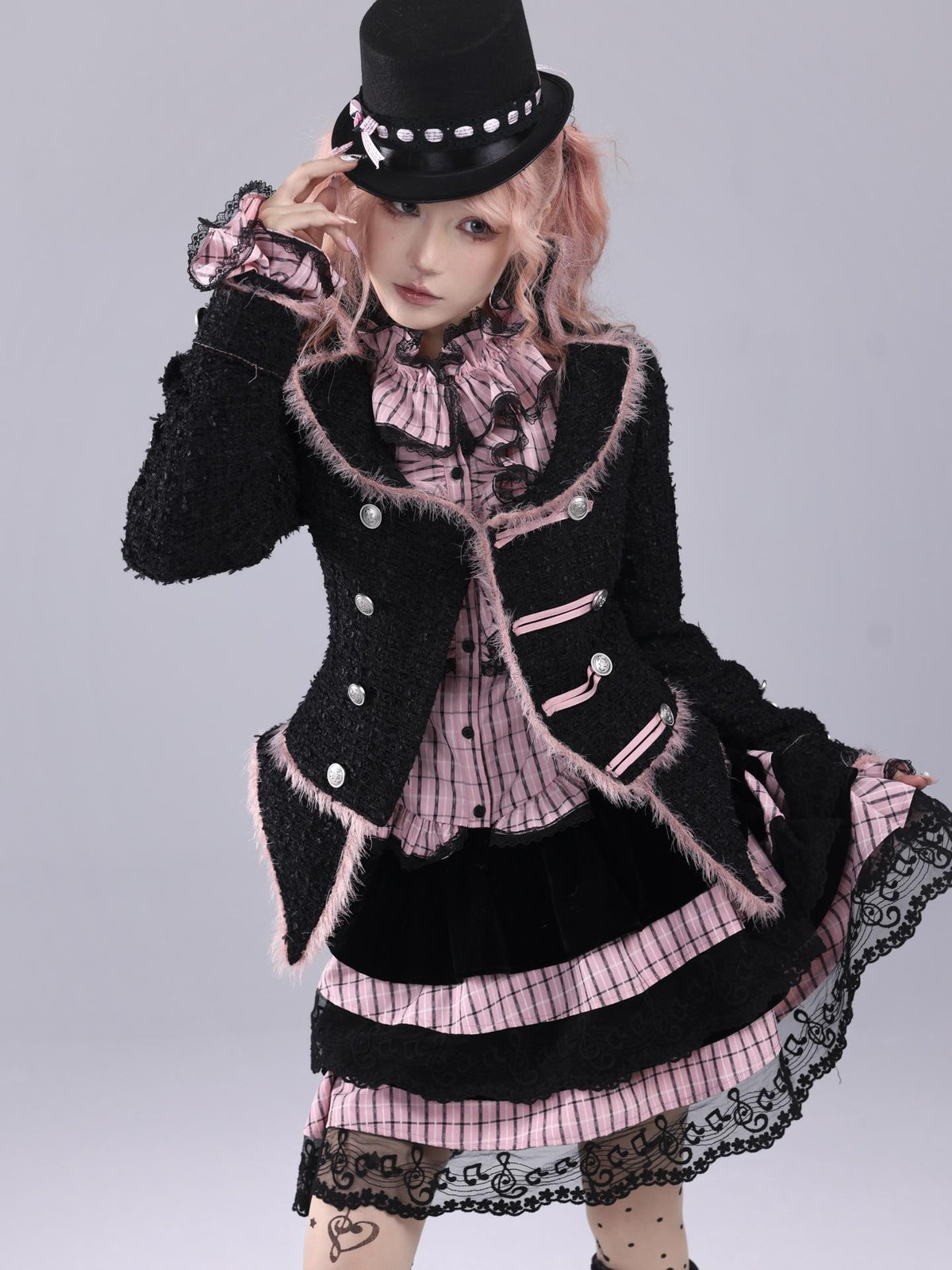 Evil Tooth Pink Black Plaid Ruffle Collar Embroidered Bow Slim Bell Sleeve Women&