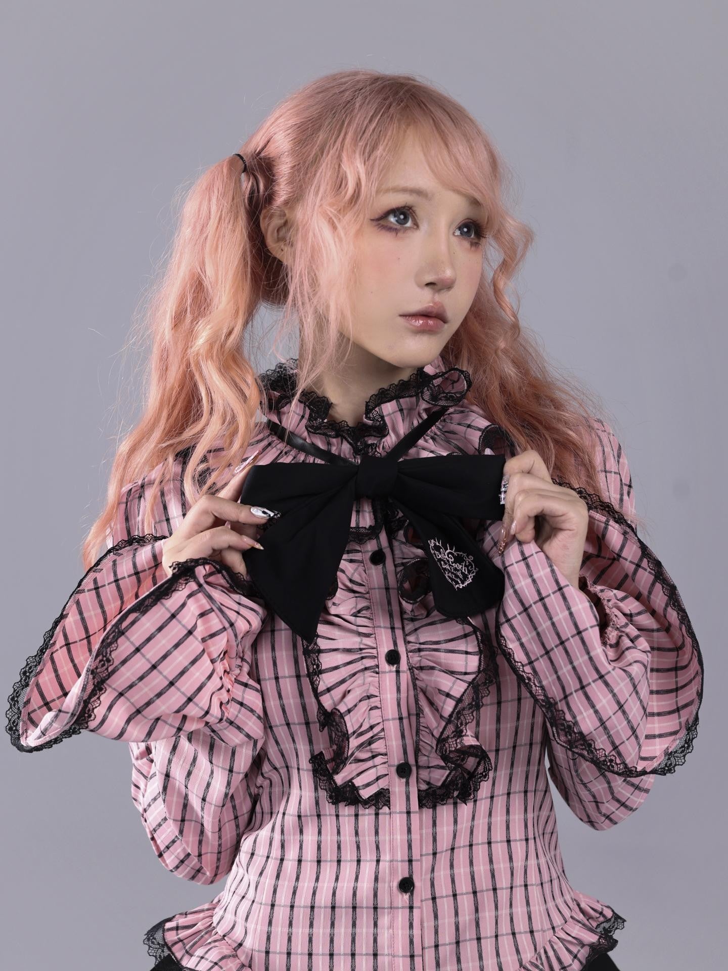 Evil Tooth Pink Black Plaid Ruffle Collar Embroidered Bow Slim Bell Sleeve Women&