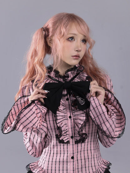 Evil Tooth Pink Black Plaid Ruffle Collar Embroidered Bow Slim Bell Sleeve Women&