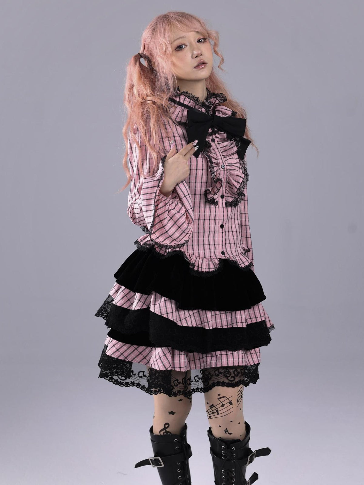 Evil Tooth Pink Black Plaid Ruffle Collar Embroidered Bow Slim Bell Sleeve Women&