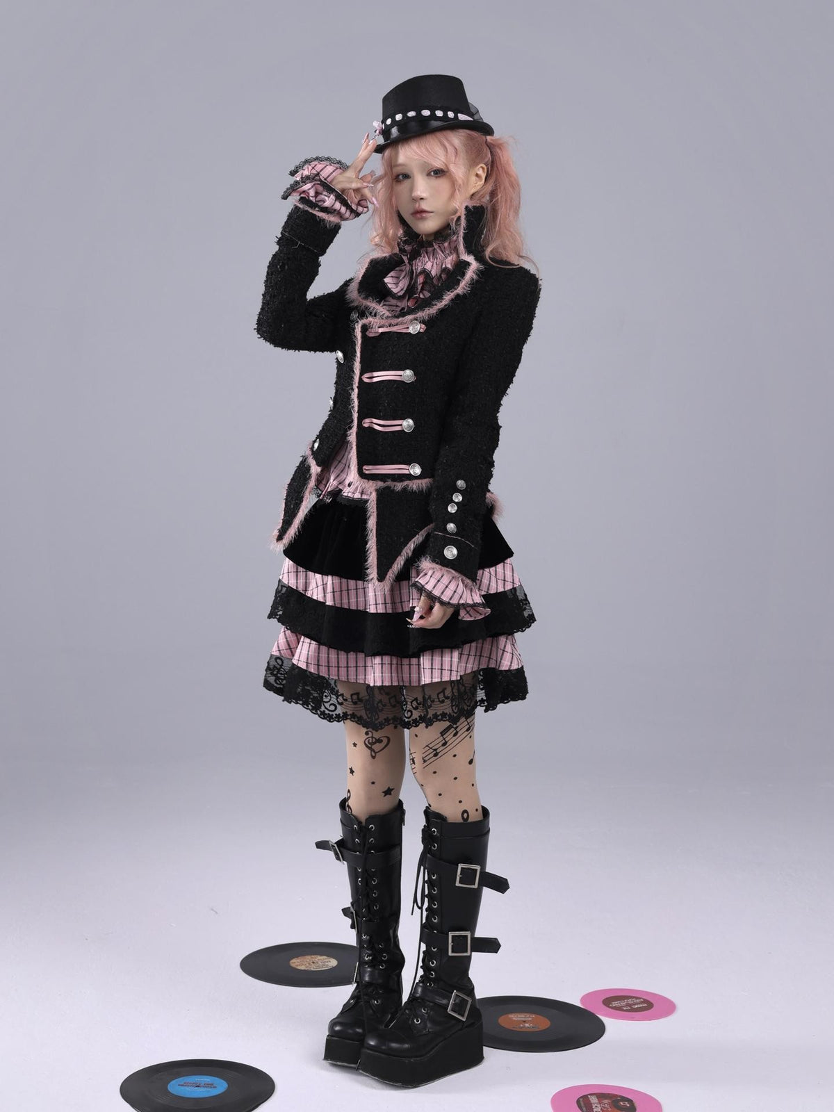Evil Tooth Pink Black Plaid Ruffle Collar Embroidered Bow Slim Bell Sleeve Women&