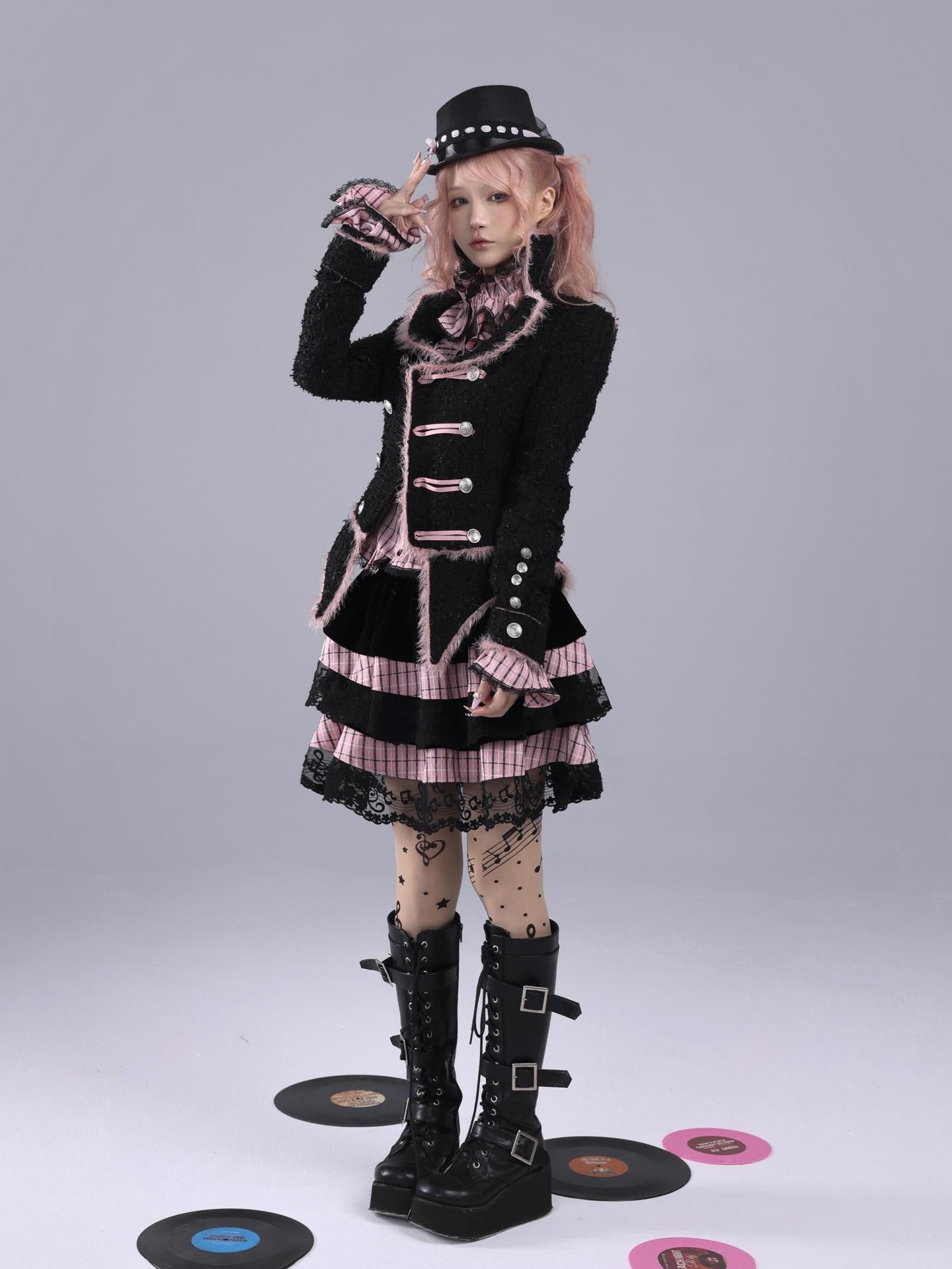 Evil Tooth Pink Black Plaid Ruffle Collar Embroidered Bow Slim Bell Sleeve Women&