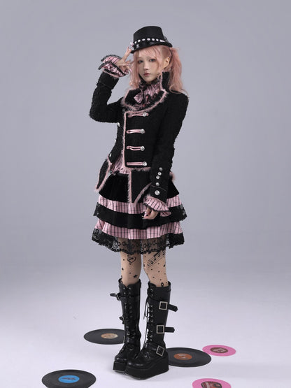 Evil Tooth Pink Black Plaid Ruffle Collar Embroidered Bow Slim Bell Sleeve Women&