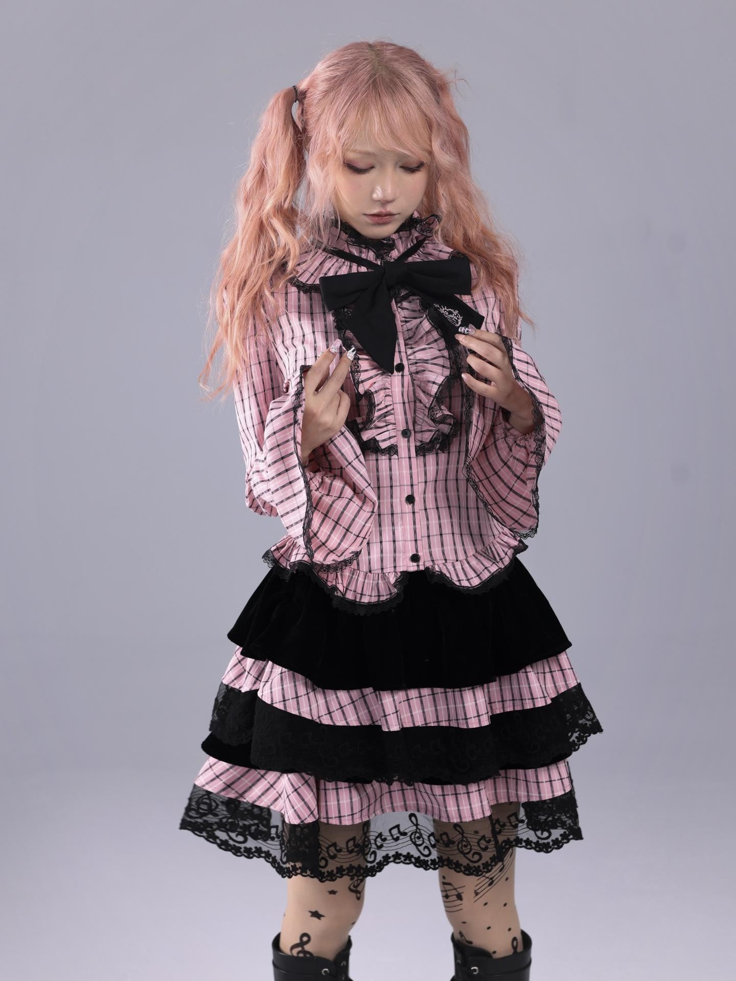 Evil Tooth Pink Black Plaid Ruffle Collar Embroidered Bow Slim Bell Sleeve Women&