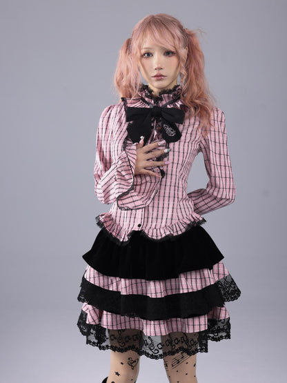 Evil Tooth Pink Black Plaid Ruffle Collar Embroidered Bow Slim Bell Sleeve Women&
