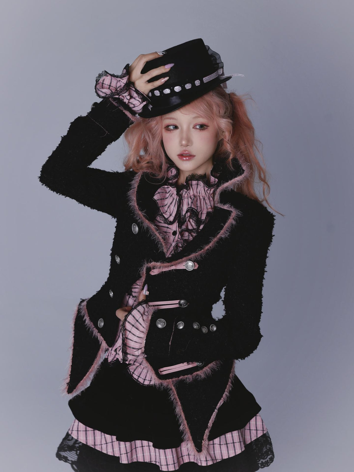 Evil Tooth Pink Black Plaid Ruffle Collar Embroidered Bow Slim Bell Sleeve Women&