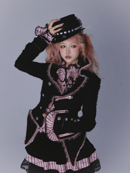 Evil Tooth Pink Black Plaid Ruffle Collar Embroidered Bow Slim Bell Sleeve Women&