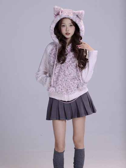 Evil Tooth Pink Leopard Cat Ear Knit Hooded Women&